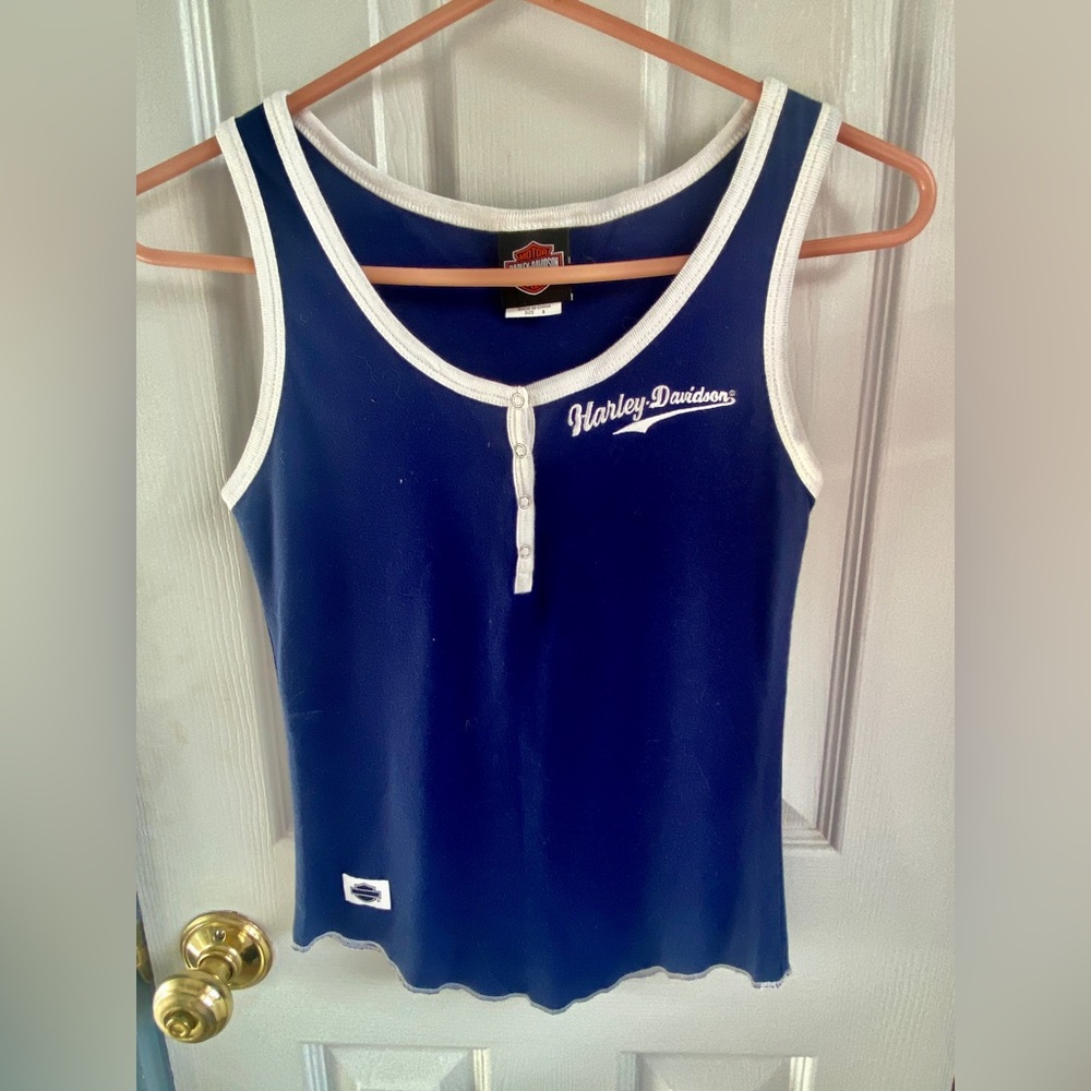 Harley-Davidson Navy Blue and White Ribbed Tank Top